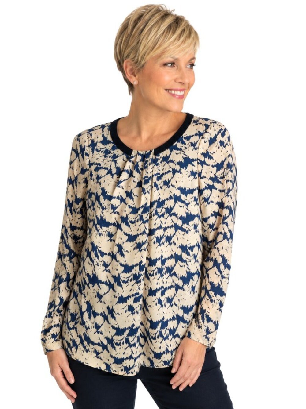 DKNYC Blue Ecru Black Faux Suede Trim LS Tunic Top